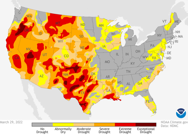 US Drought monitor for March 29, 2022. Yellow, orange and red areas indicate worsening categories of drought. The western US is currently in a prolonged drought.