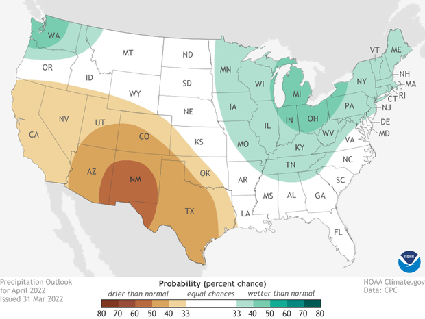 U.S. Precipitation outlook for April 2022. Brown areas across southwest indicate a drier than average month is favored. Blue/Green areas in Great Lakes, Northeast and Pacific Northwest indicate a wetter than average forecast is favored.