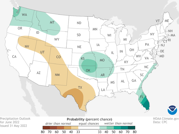 Contiguous US June 2022 precipitation outlook. Browns across Texas and Southwest indicate odds favor a drier than average month. Blues over Florida, central Plains and Northwest indicate odds favoring a wetter than average month.