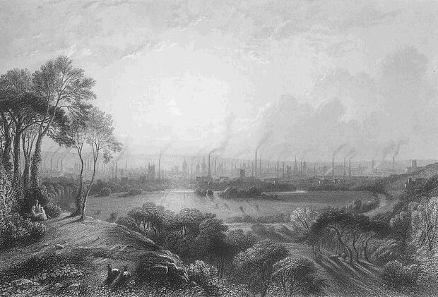 wood engraving of painting showing smokestacks