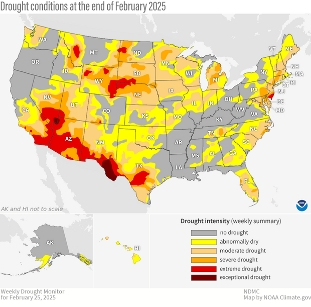 U.S. map shwoing abnormally dry conditions across the U.S.