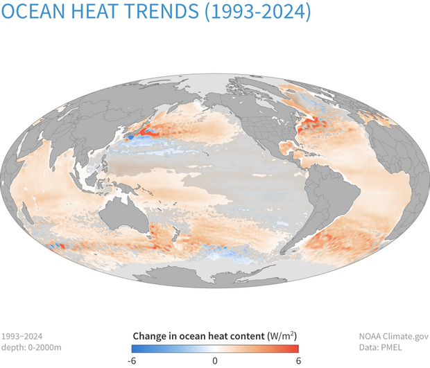 Global map showing the large area of the ocean that has accumulated excess heat between 1993 and 2024