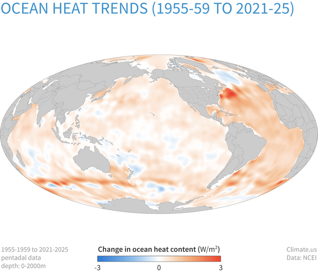 Global map showing the large area of the ocean that has accumulated excess heat between 1955 and 2025.