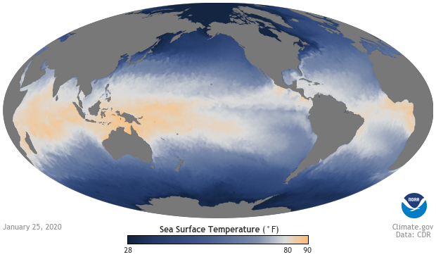 Global map of sea surface temperatures showing how the western tropical Pacific is warmer than the eastern tropical Pacific 