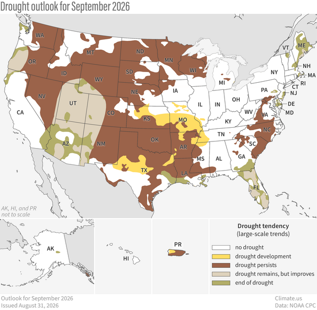 U.S. map of forecasted drought conditions and changes in September 2026