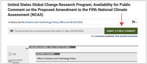 Screenshot of federal register notice webpage