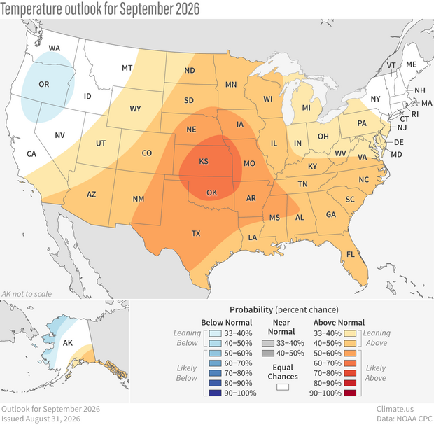 U.S. map of temperature outlook for September 2026