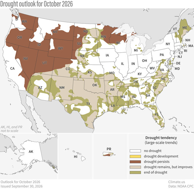 U.S. drought outlook map for October 2026