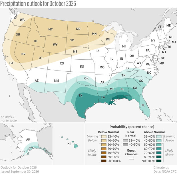 U.S. map of precipitation outlook for October 2026