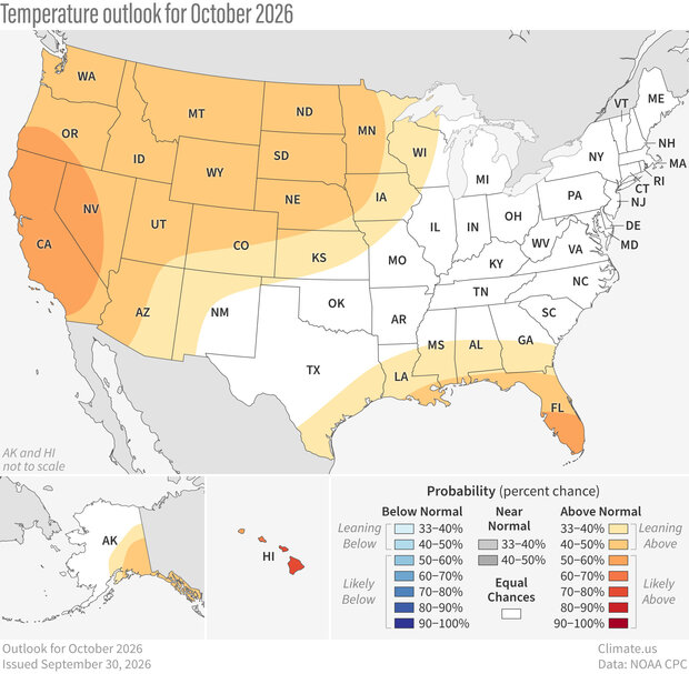 U.S. map of temperature outlook for October 2026