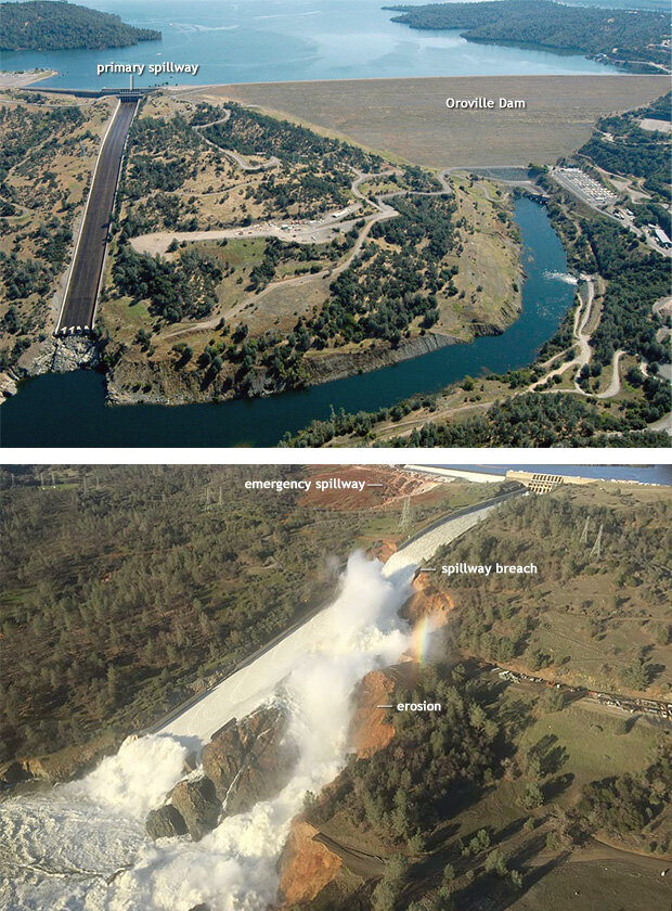 Two photos show an aerial view of the Oroville Dam on June 23, 2005 and water gushing through a gully on river left of the primary spillway on February 11, 2017