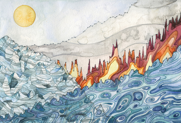 Image of a wilderness landscape watercolor painting by Jill Pelto