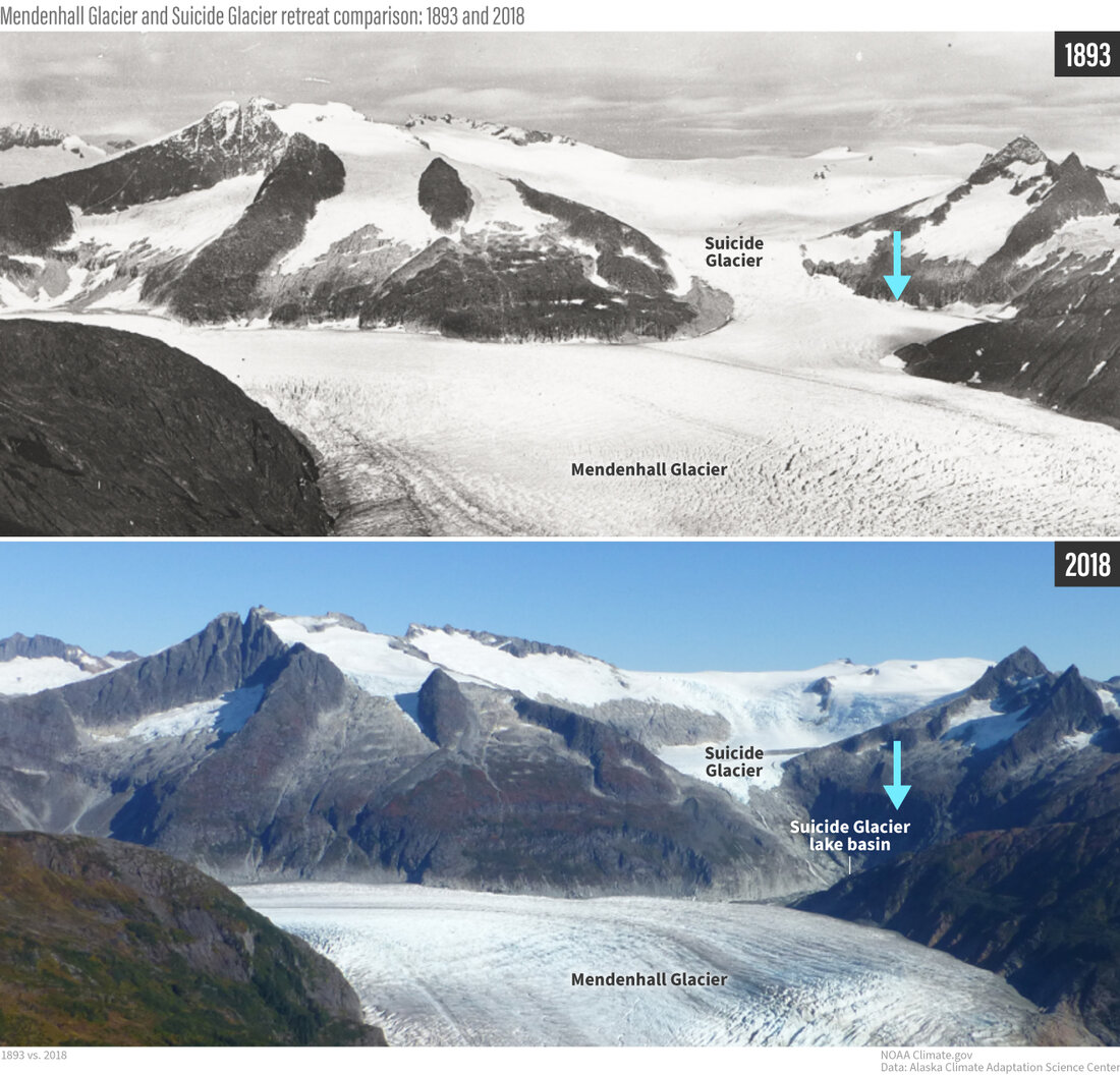 Timelapse photos showing the retreat of the Mendenhall and Suicide Glaciers between 1893 and 2018