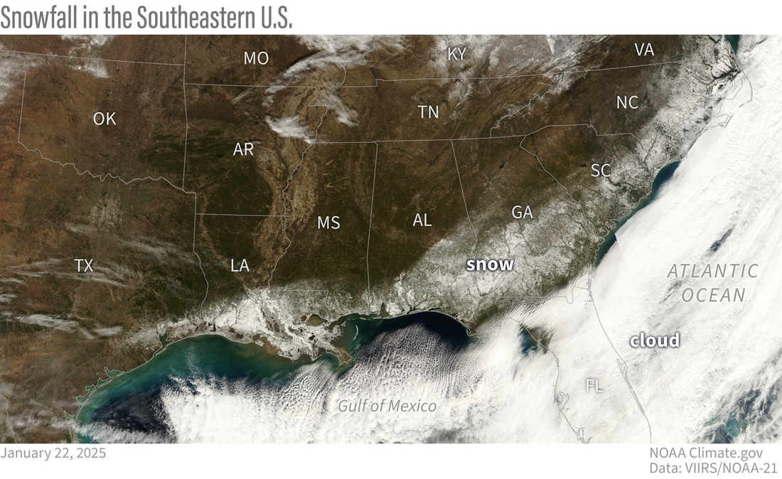 Satellite image showing swath of snow across U.S. Southeast