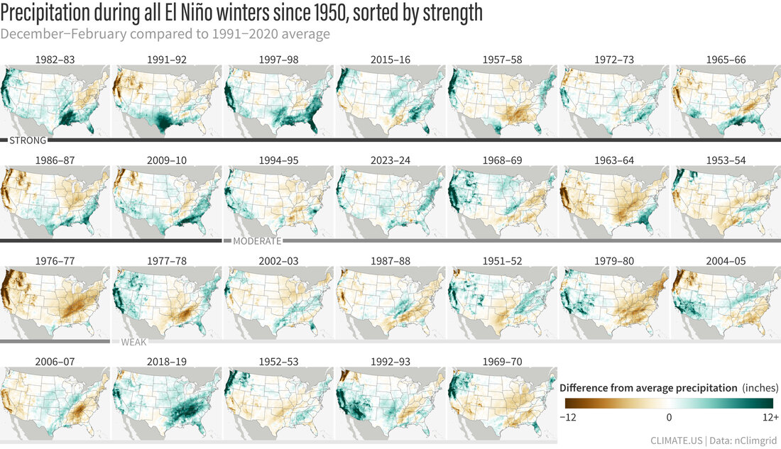 26 small U.S. maps of precipitation patterns during every El Niño winter on record