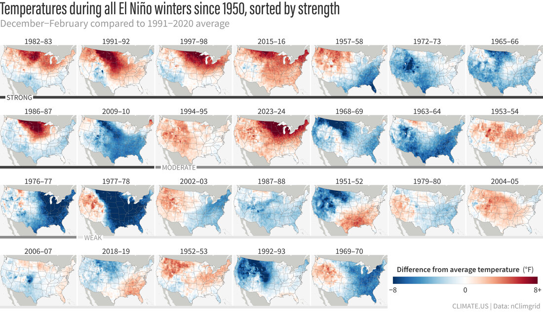 26 small U.S. maps of temperature patterns showing the influence of El Niño on winter temperatures