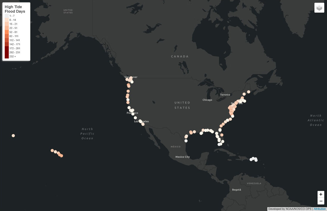 Screen capture of the NOAA high tide flooding outlook interactive map for 2026-2027