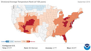 Sample map of temperature rankings for September 2018 from the NCEI Climate at a Glance interface