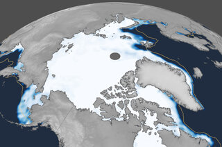 Map image for 2026 Arctic sea ice winter maximum tied for second smallest of satellite era
