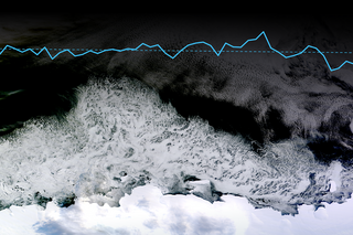 Line graph of Antarctic sea ice overlaid on satellite image