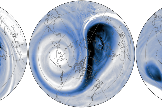 a series of maps of potential vorticity over the Arctic - one whole, two cut off