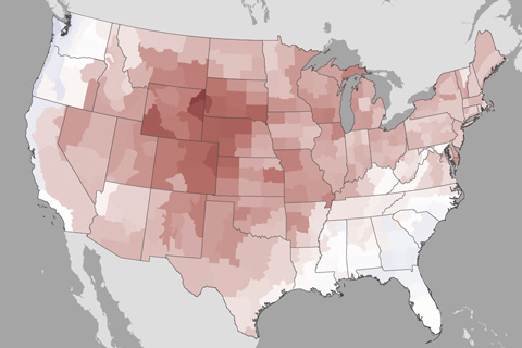 Map showing difference from average temperature in U.S. during summer 2012